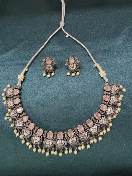 Silver Replica Pink Necklace Set With Earrings