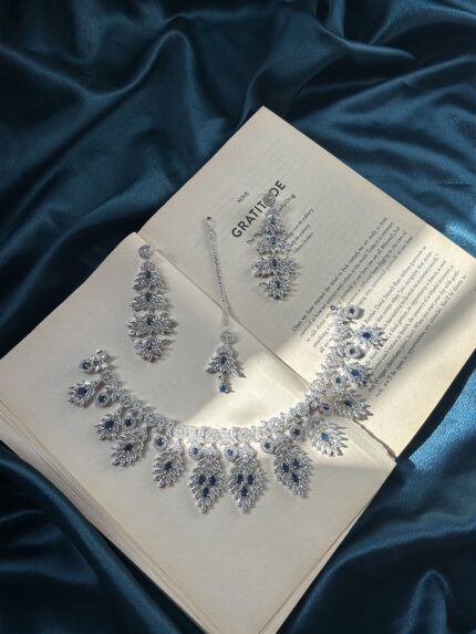 AD Necklace Set With Earrings and Mangtika - Blue