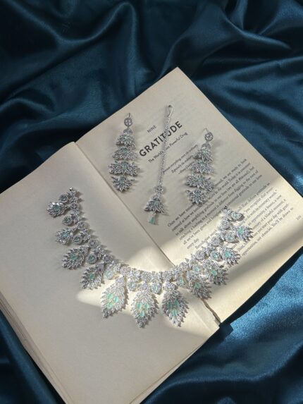 AD Necklace Set With Earrings and Mangtika - Mint