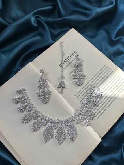 AD Necklace Set With Earrings and Mangtika - Pink