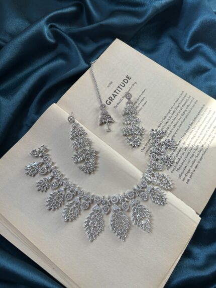 AD Necklace Set With Earrings and Mangtika - Silver