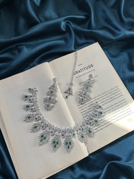 AD Necklace Set With Earrings and Mangtika - Green