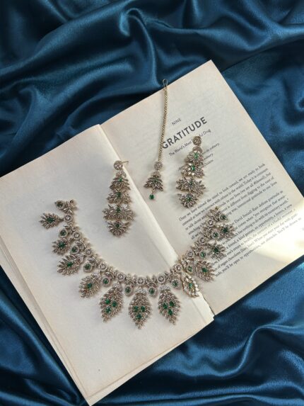AD Mehendi Polish Necklace Set With Earrings and Mantika - Green