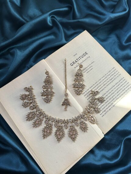 AD Mehendi Polish Necklace Set With Earrings and Mangtika - Pink