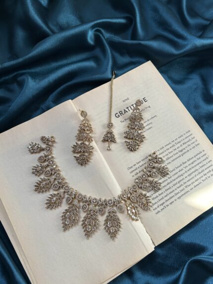 AD Mehendi Polish Necklace Set With Earrings and Mangtika - Silver