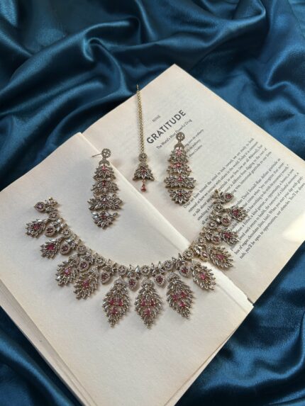 AD Mehendi Polish Necklace Set With Earrings and Mangtika - Ruby