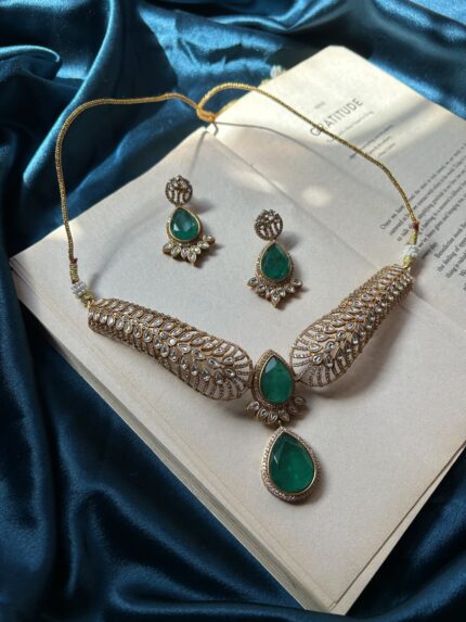 Real Doublet Stone With Polki Kundan Necklace Set - Green