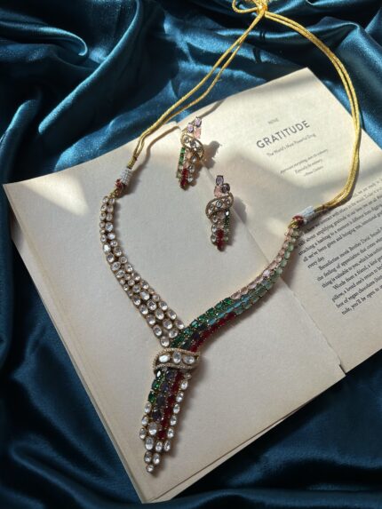 AD and Moissanite Tie Necklace Set With Earrings - Multi