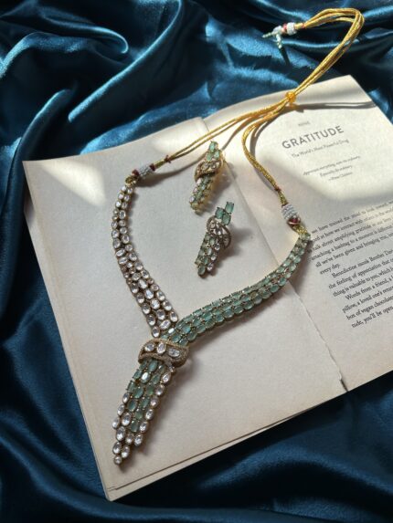 AD and Moissanite Tie Necklace Set With earrings - Mint