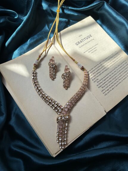 AD and Moissanite Tie Necklace Set With earrings - Pink