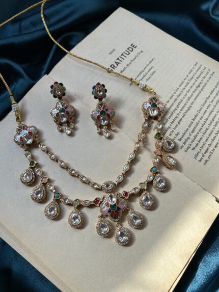 Italian Meena With Polki Kundan Necklace Set With earrings - Multi