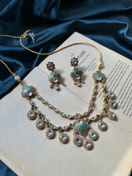 Italian Meena With Polki Necklace Set With earrings - Sea Green