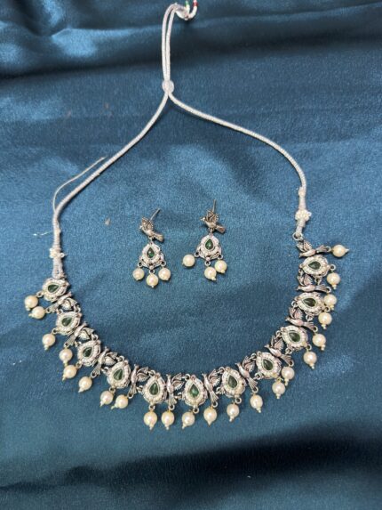 Silver Replica Necklace Set With Earrings - Green