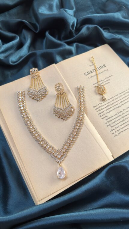 AD Golden Polish Necklace Set With Earrings and Mangtika - Silver