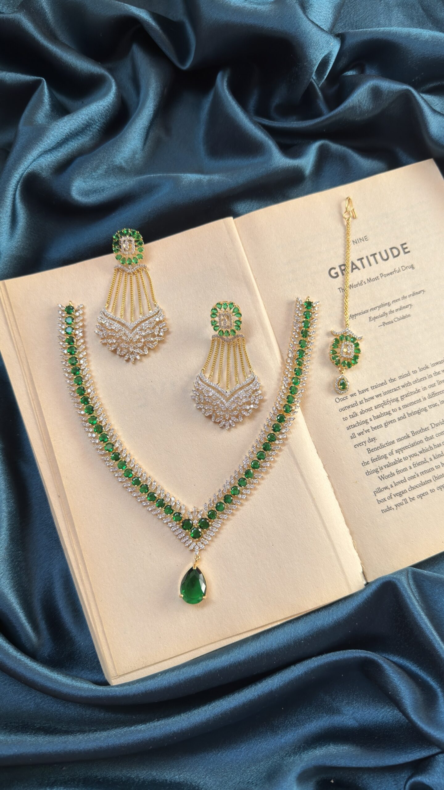 AD Golden Polish Necklace Set With Earrings and Mangtika - Green