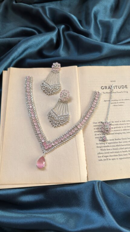 AD Necklace Set With Earrings and Mangtika - Pink