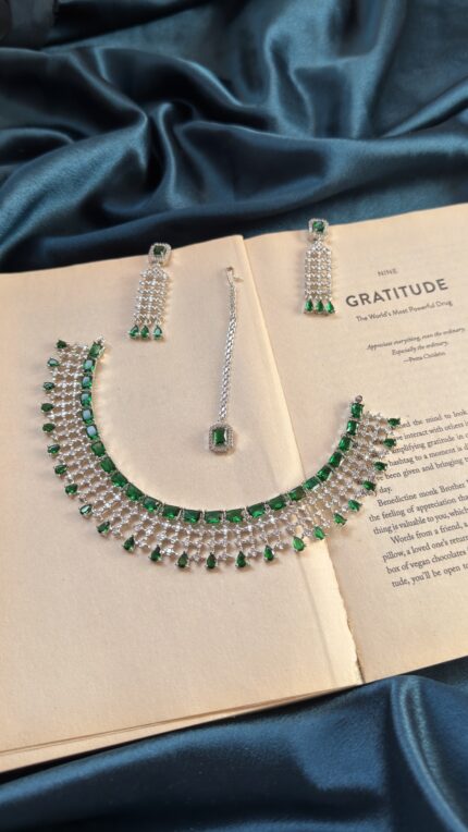 AD Necklace Set With Earrings and Mangtika - Green