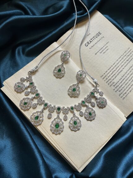 AD Necklace Set With Earrings - Green