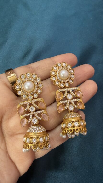 Polki Kundan Pearl Earrings - Pink