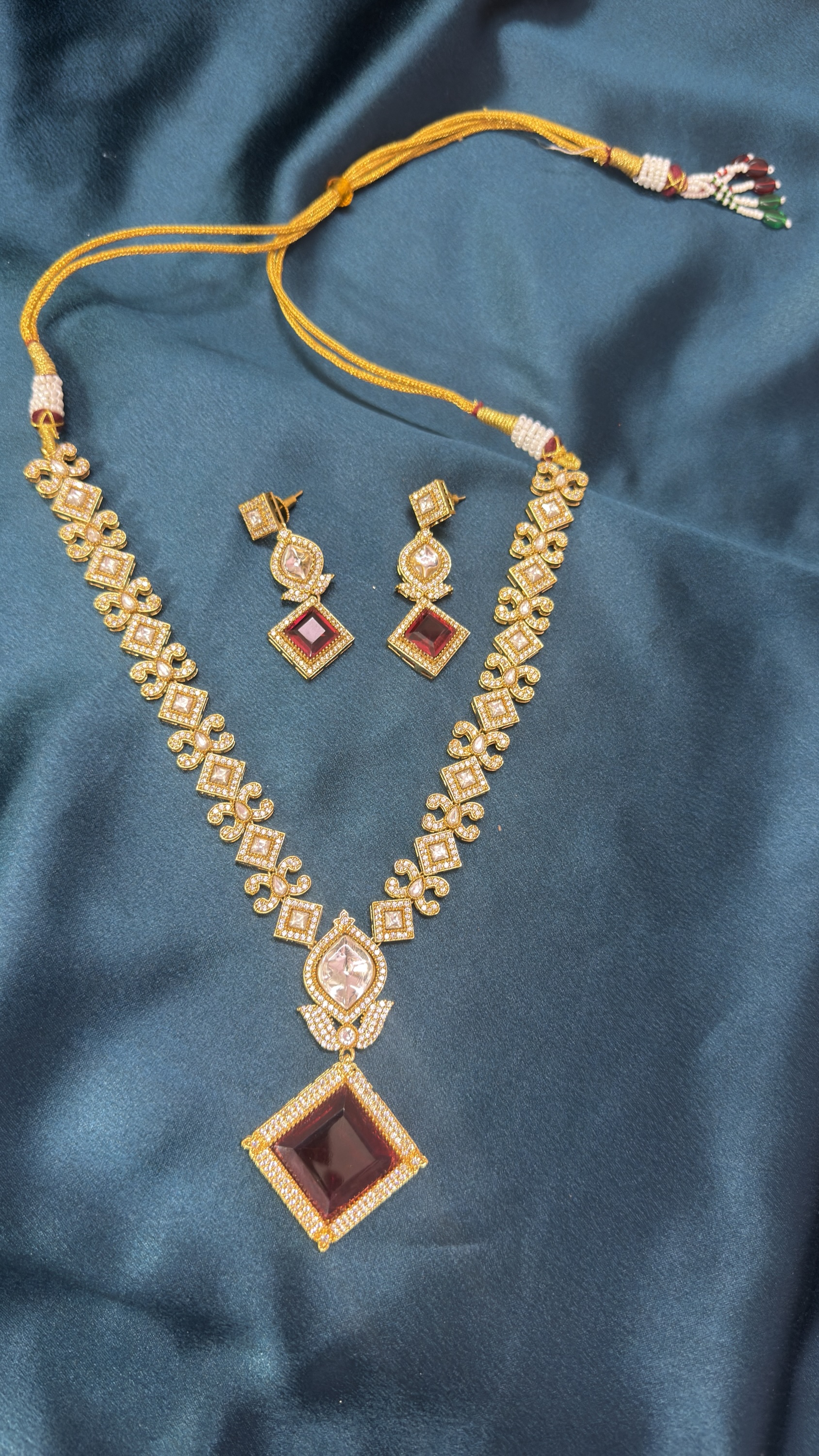 Polki Kundan Necklace Set - Ruby Red