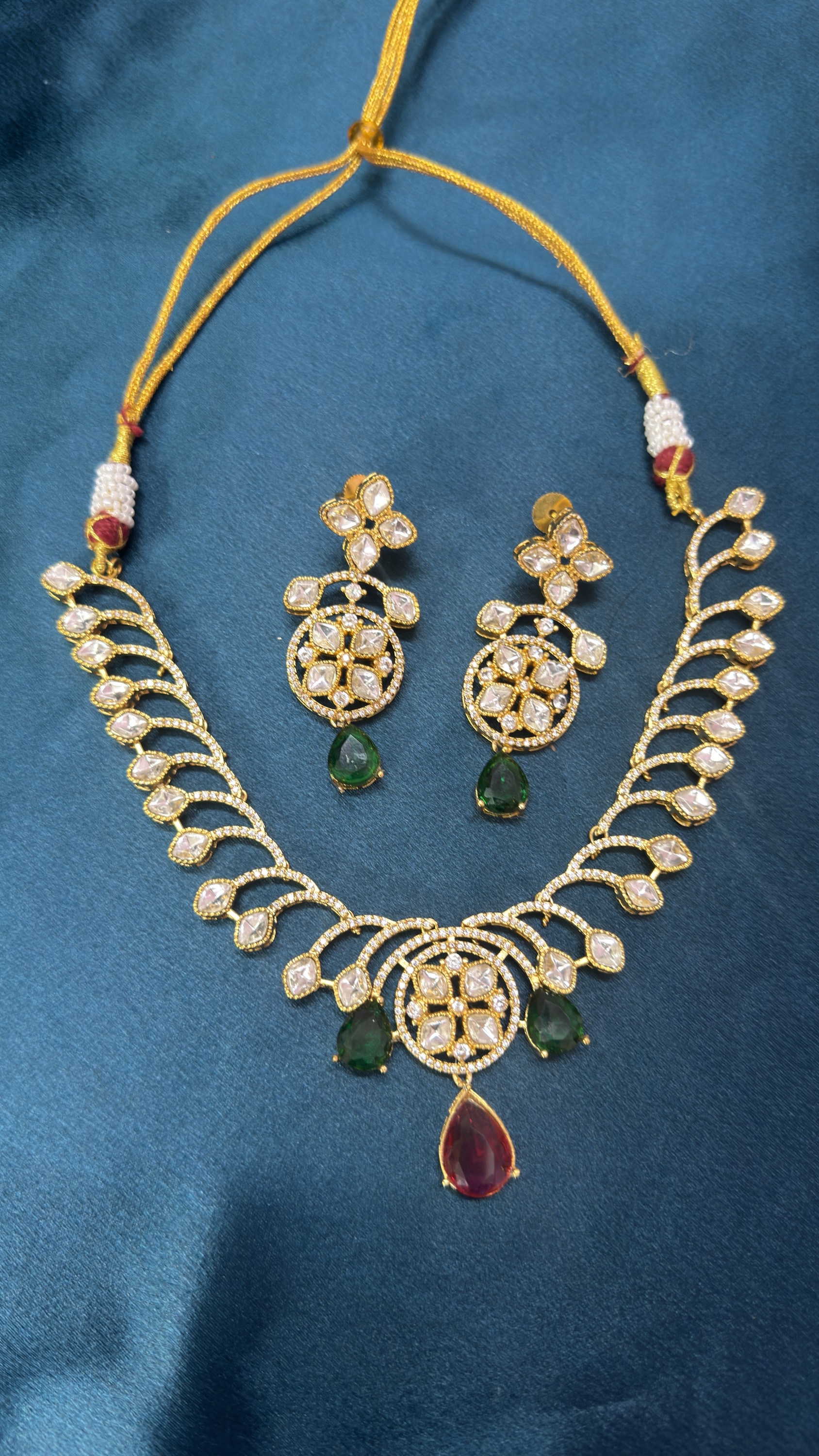 Moissanite Polki Necklace Set With Earrings - Ruby Green