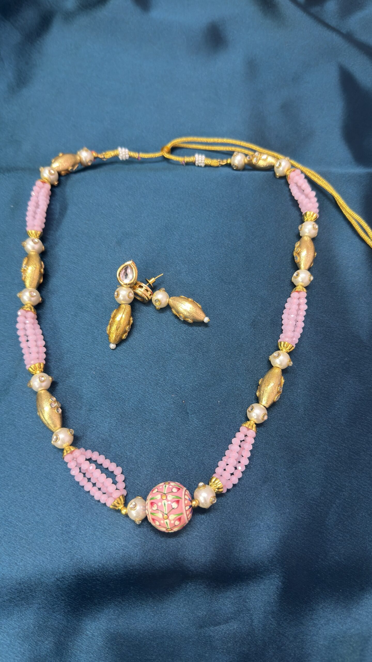 Pink Crystal Mala Necklace Set With Earrings