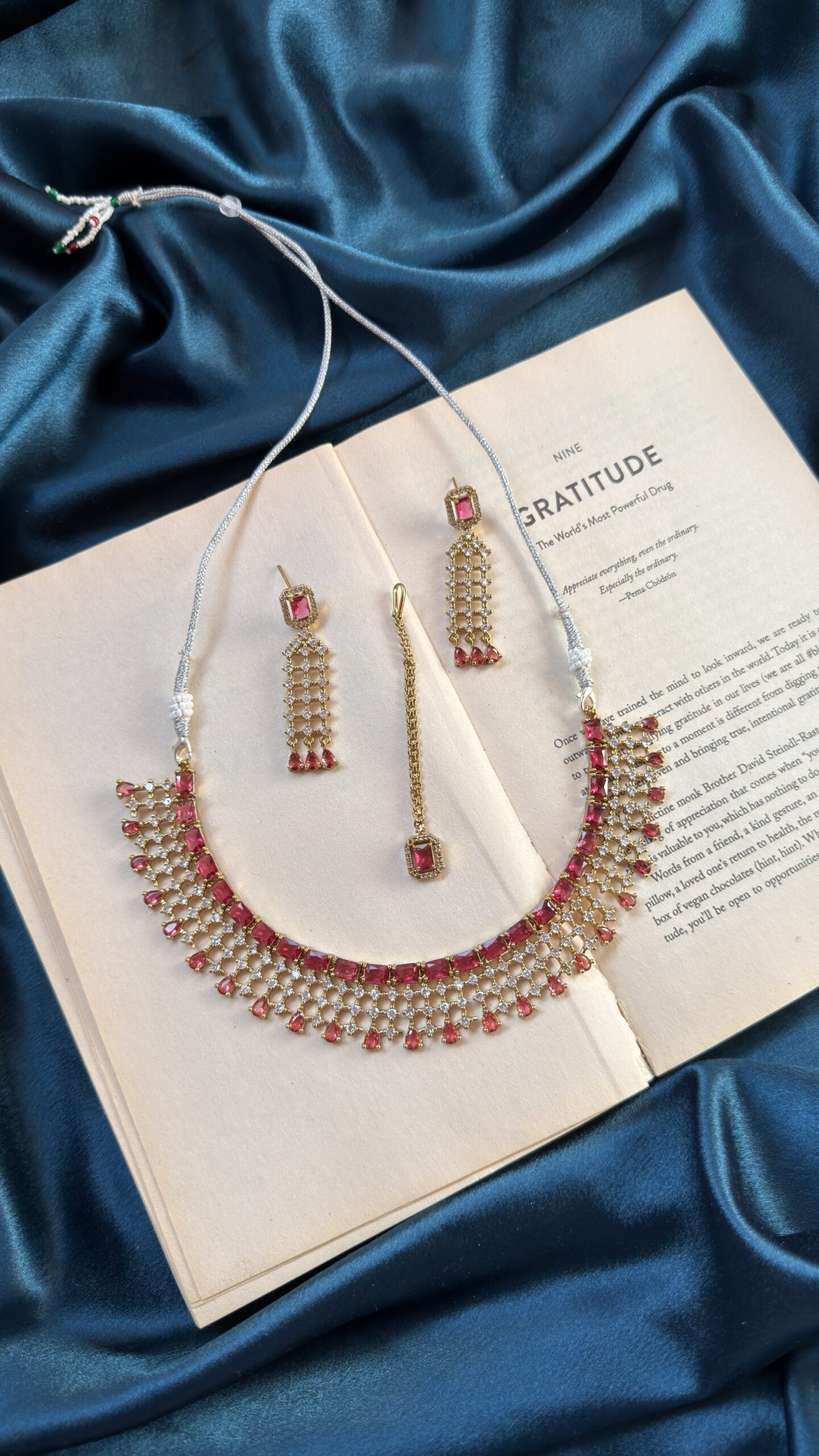 AD Mehendi Polish Necklace Set With Earrings and Mangtika - Ruby