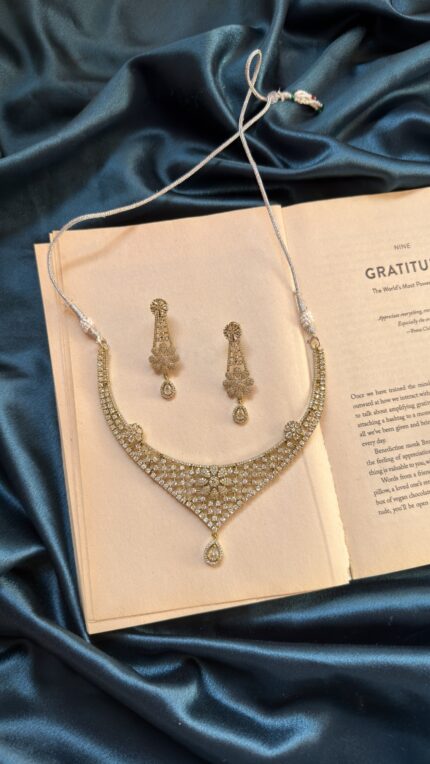 AD Mehendi Polish Necklace Set With earrings - Silver