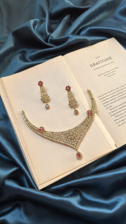 AD Mehendi Polish Necklace Set with Earrings - Ruby