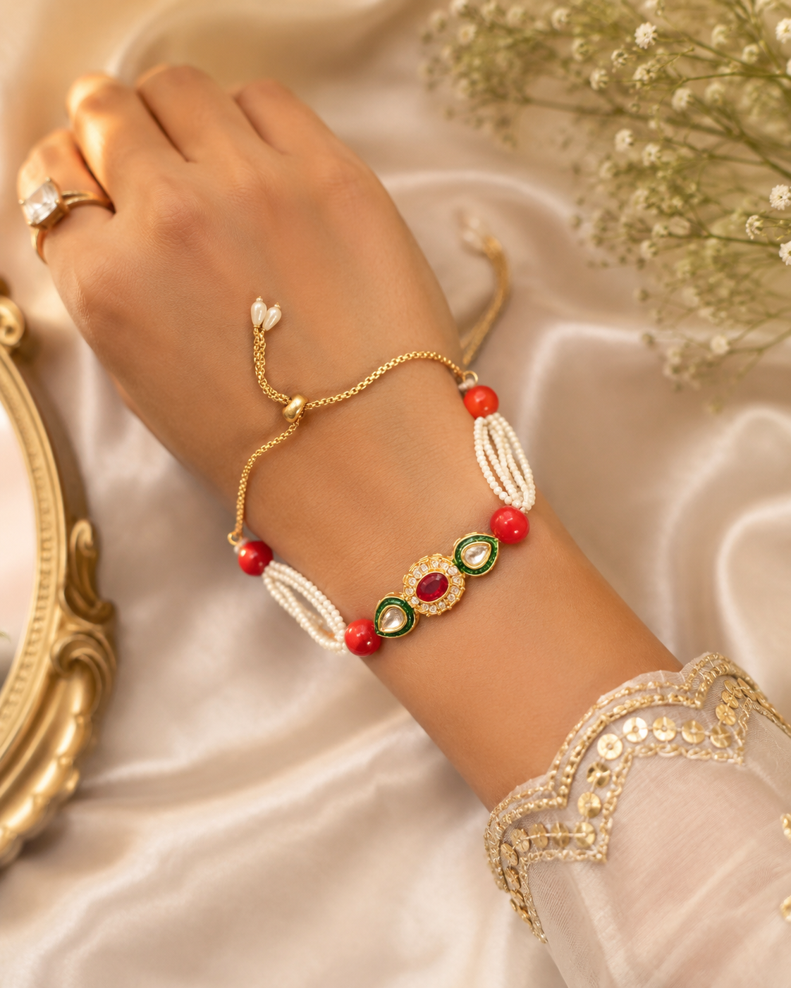 Kundan rakhi Bracelet - Red
