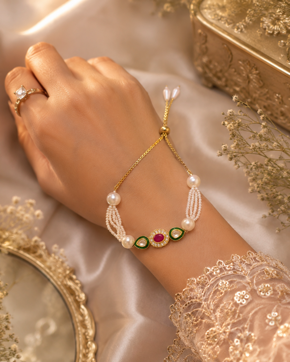 Kundan rakhi Bracelet - White