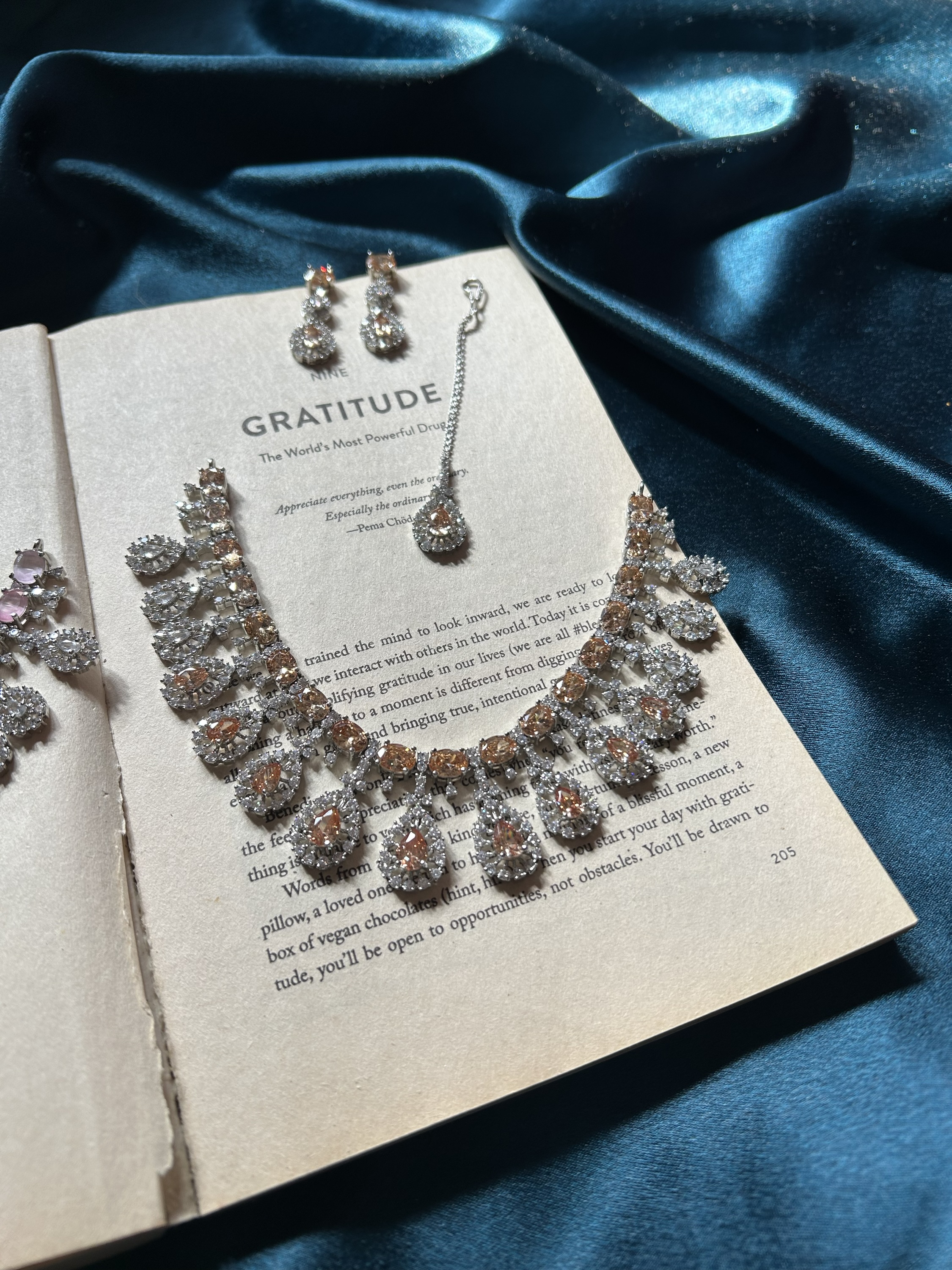 AD Necklace Set With Earrings and Mangtika - Champagne