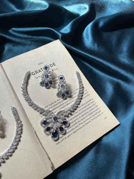 AD Silver Necklace Set With Earrings - Blue