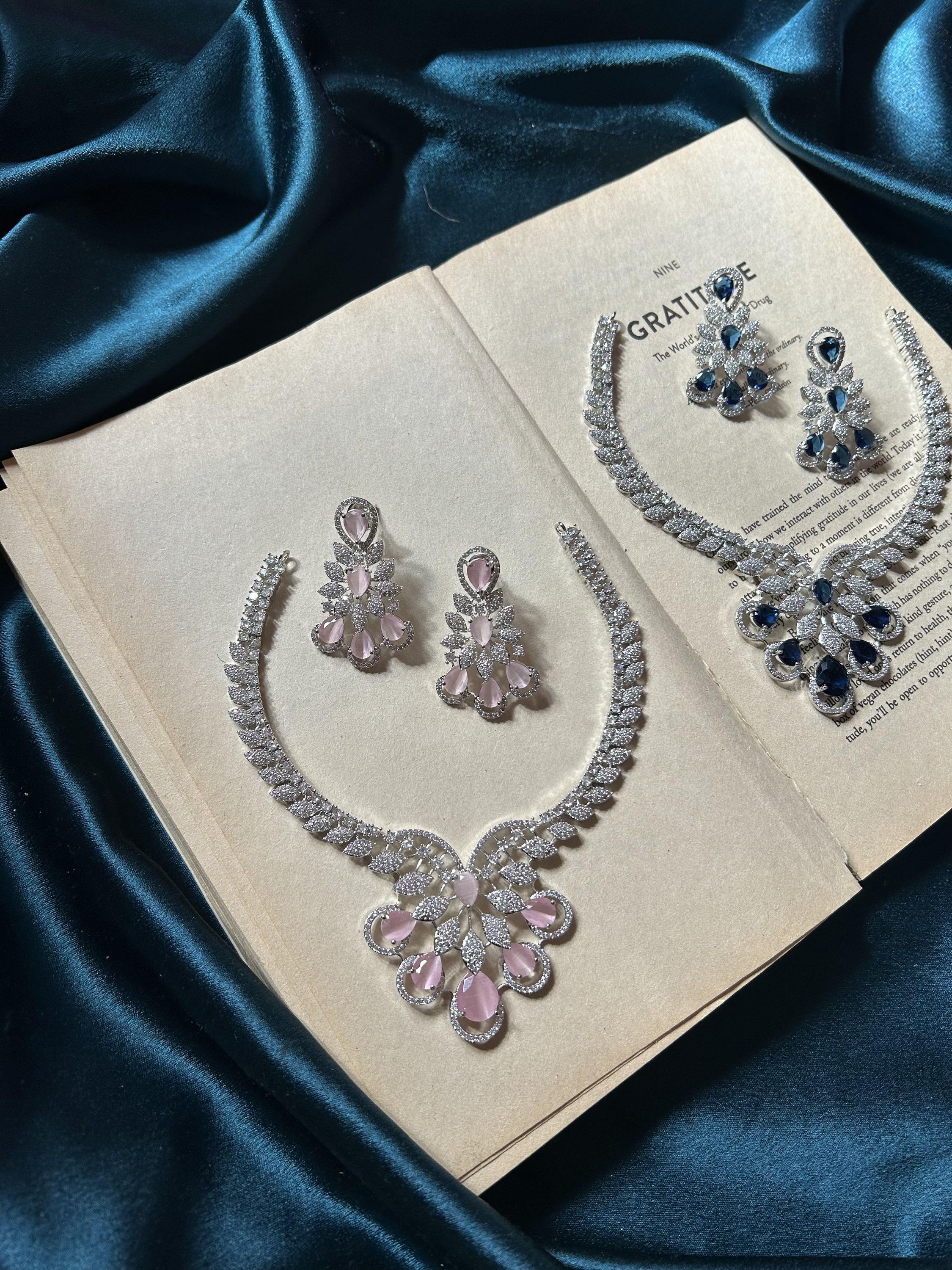 AD Silver Necklace Set With Earrings - Pink