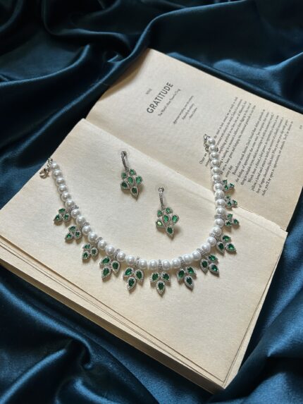 AD Pearl Necklace Set With Earrings - Green