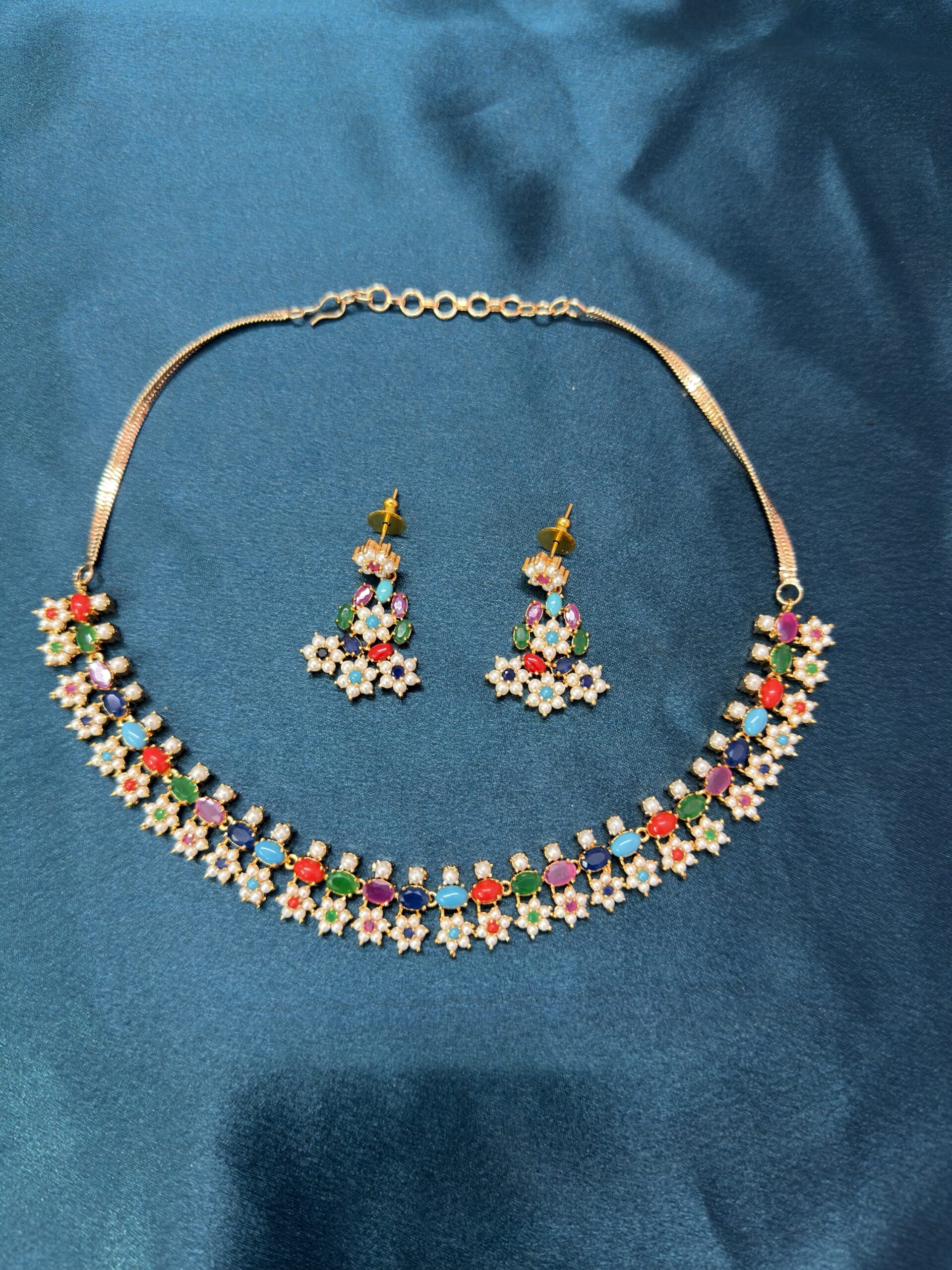 Navratan Pearl Necklace Set With Earrings - Multi