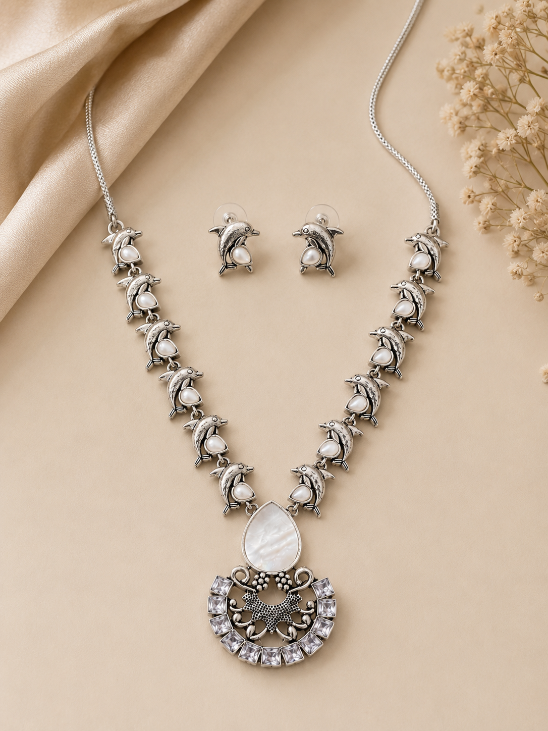 Silver Replica Dolphin With Mother of Pearl Necklace Set With earrings