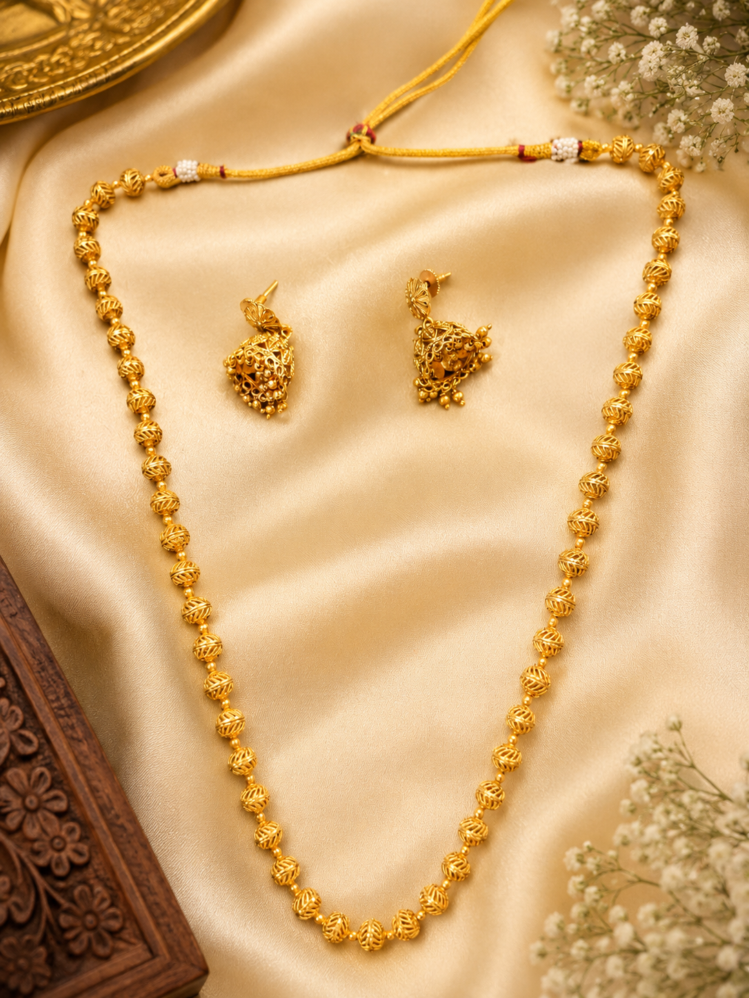 Copper Matar Mala Chain With Jhumki Earrings