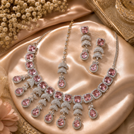 AD Necklace Set With Mangtika - Pink