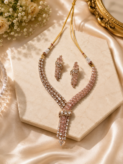 AD and Moissanite Tie Necklace Set With earrings - Pink