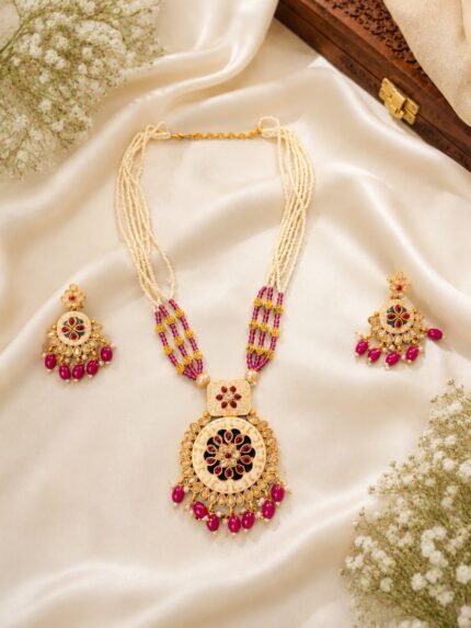 Chir Mala Pink Necklace Set With Earrings