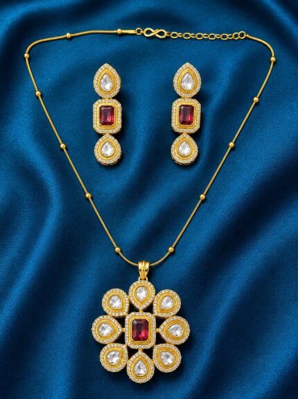 Long Matar Chain With Polki Kundan Pendant with earrings - Ruby
