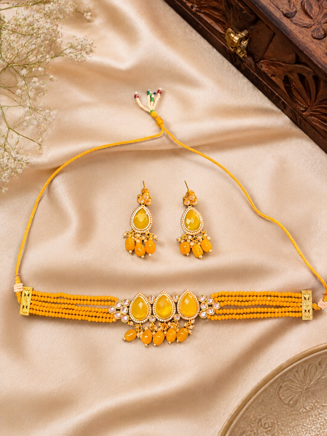Monalisa Necklace Set With Earrings - Mustard Yellow