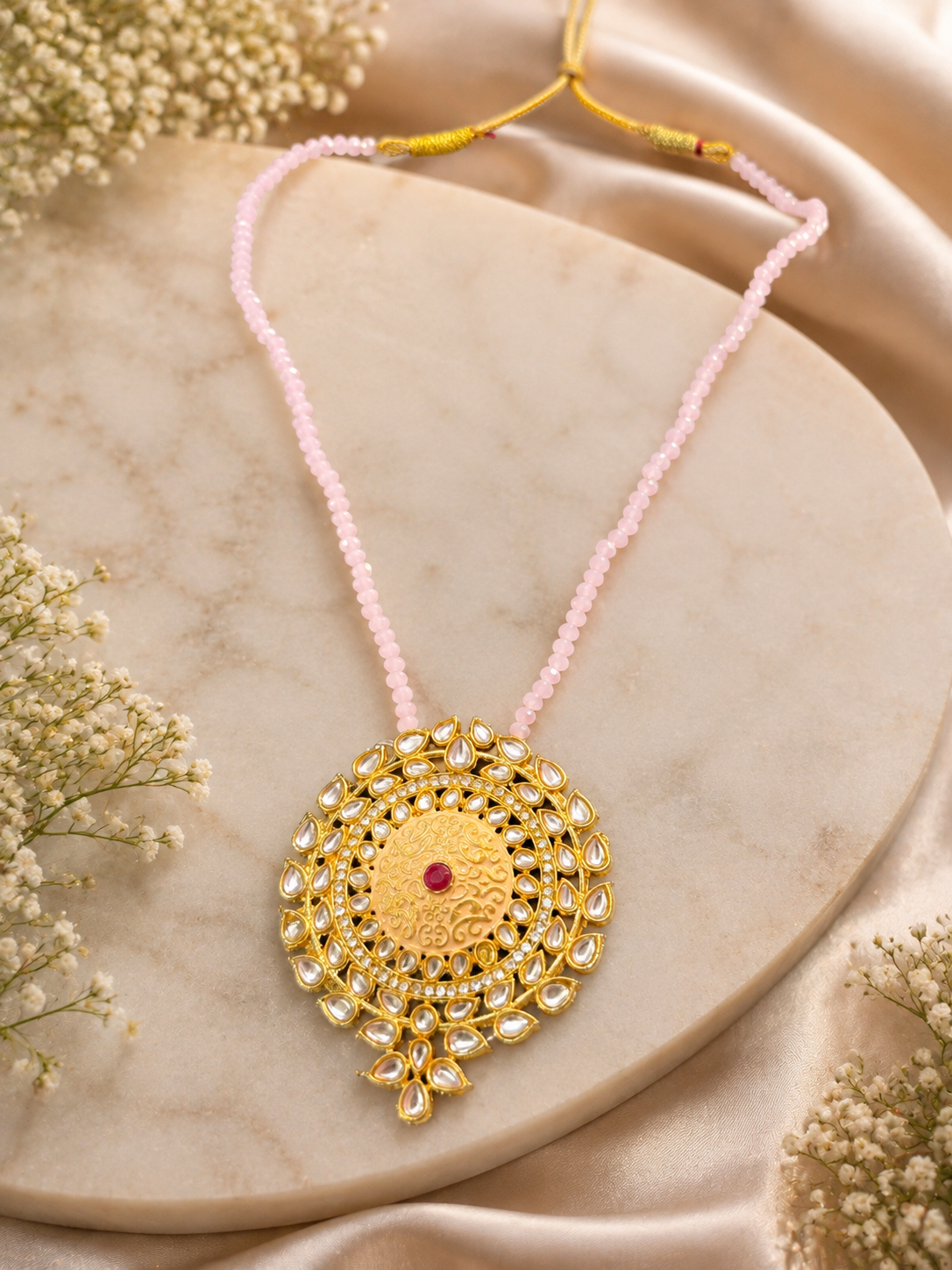 Kundan Pendant with Pink Hydro Mala