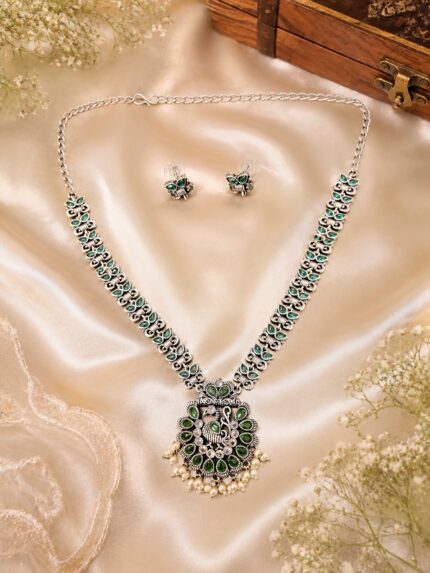 Silver Replica Necklace Set With Earrings - Green