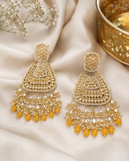 Statement Kundan Big Earrings - Yellow