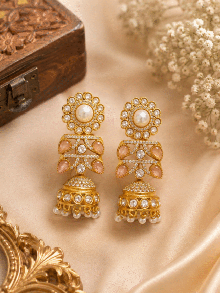 Polki Kundan Pearl Earrings - Pink