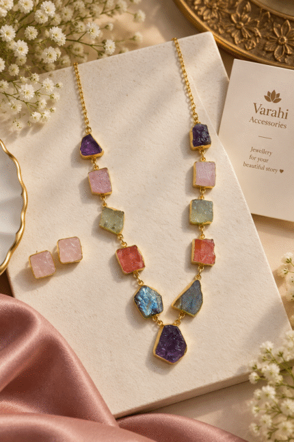 Brass Druzy Stone Multi Necklace Set With Studs