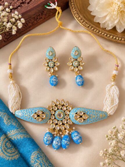 Kundan Choker Necklace Set With earrings - Blue