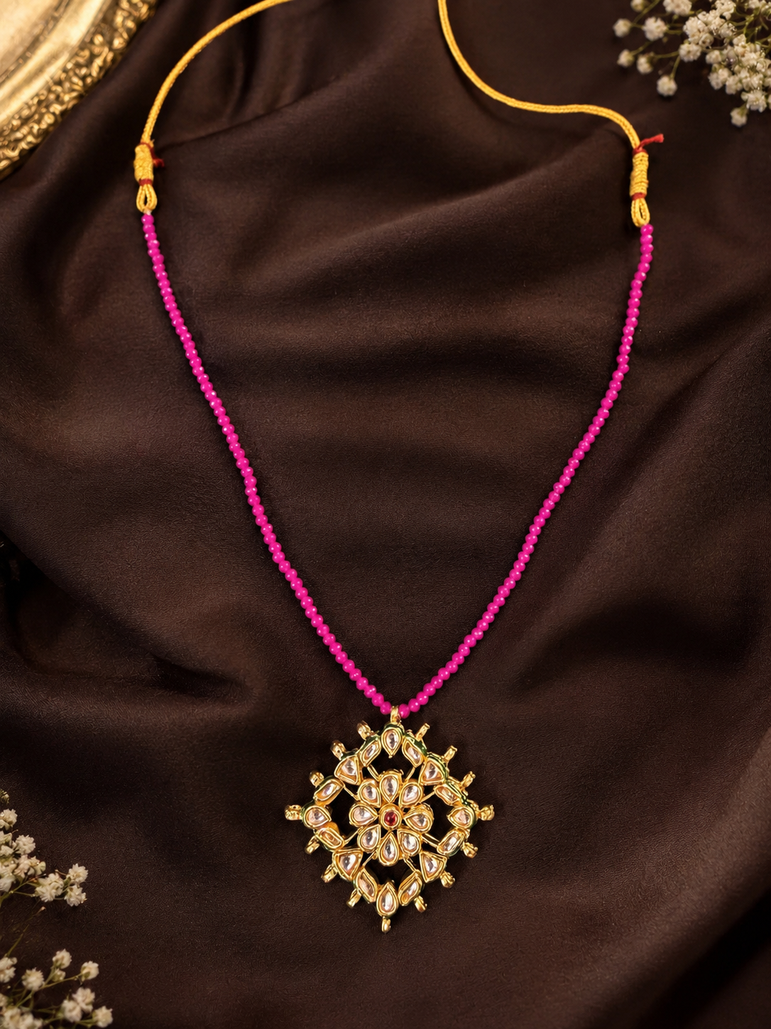 Kundan Pendant With Hot Pink Hydro Mala